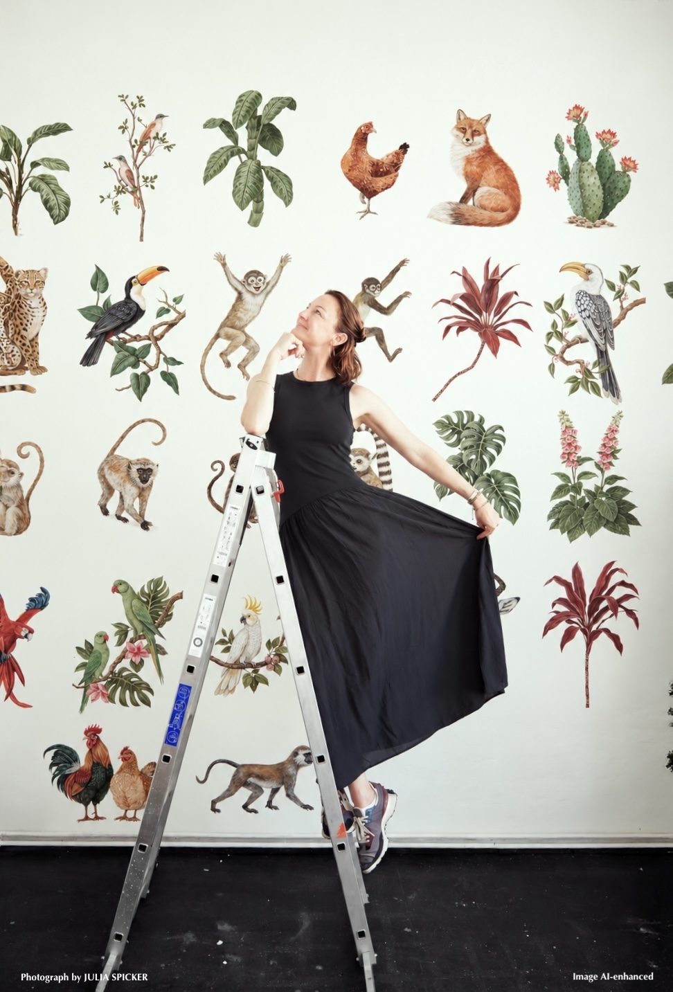 Marie Hartig on a ladder in front of her wall tattoos
